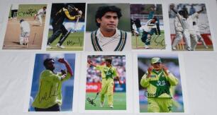 Pakistan 1990s-2010s. Thirty three original colour press photographs of Pakistan players, each signed by the featured player. Photographs measure 10&rdquo;x8&rdquo; and 6&rdquo;x4&rdquo;. Also twenty individual signatures on &lsquo;Test Player&rsquo; and plain cards etc. Signatures include 