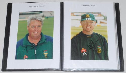 Signed cricket photographs., Maroon folder containing thirty four signed copy mono and colour photographs of Test players, mainly 8”x10”. Each laid down to a sheet of paper with players name above. Players include Woolmer, Cullinan, Gibbs, Donald, Cronje,