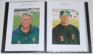 Signed cricket photographs., Maroon folder containing thirty four signed copy mono and colour photographs of Test players, mainly 8&rdquo;x10&rdquo;. Each laid down to a sheet of paper with players name above. Players include Woolmer, Cullinan, Gibbs, Donald, Cronje,
