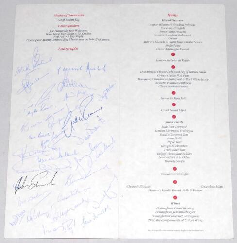 Kenneth Shuttleworth. Lancashire, Leicestershire & England 1964-1980. ‘Centenary of South African Test Cricket 1889-1989’. Official menu for ‘The Centenary Banquet held on the 13th March 1989. Signed to inside pages by the ‘International Wanderers and Sou