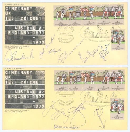 Kenneth Shuttleworth. Lancashire, Leicestershire & England 1964-1980. ‘Centenary of Test Cricket. Australia v England 1877-1977’. Two official first day covers produced to commemorate the event. The covers containing forty two signatures of Australian and