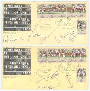 Kenneth Shuttleworth. Lancashire, Leicestershire & England 1964-1980. &lsquo;Centenary of Test Cricket. Australia v England 1877-1977&rsquo;. Two official first day covers produced to commemorate the event. The covers containing forty two signatures of Australian and