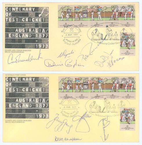 Kenneth Shuttleworth. Lancashire, Leicestershire & England 1964-1980. ‘Centenary of Test Cricket. Australia v England 1877-1977’. Two official first day covers produced to commemorate the event. The covers containing forty four signatures of Australian an