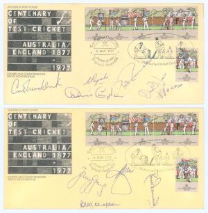 Kenneth Shuttleworth. Lancashire, Leicestershire & England 1964-1980. &lsquo;Centenary of Test Cricket. Australia v England 1877-1977&rsquo;. Two official first day covers produced to commemorate the event. The covers containing forty four signatures of Australian an