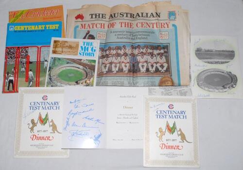 Kenneth Shuttleworth. Lancashire, Leicestershire & England 1964-1980. ‘Centenary of Test Cricket. Australia v England 1877-1977’. A selection of Centenary Test, Melbourne’ items including an official A.C.B. menu for a Dinner held at The Melbourne Hilton H