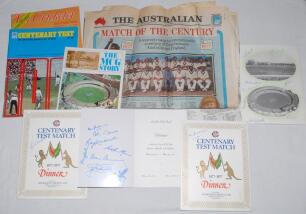 Kenneth Shuttleworth. Lancashire, Leicestershire & England 1964-1980. &lsquo;Centenary of Test Cricket. Australia v England 1877-1977&rsquo;. A selection of Centenary Test, Melbourne&rsquo; items including an official A.C.B. menu for a Dinner held at The Melbourne Hilton H