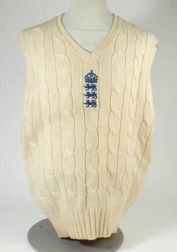 Kenneth Shuttleworth. Lancashire, Leicestershire & England 1964-1980. England sleeveless Test sweater worn by Shuttleworth whilst playing for England in home Test matches. The sweater, by Simpson of Piccadilly, with central England emblem of the three lio