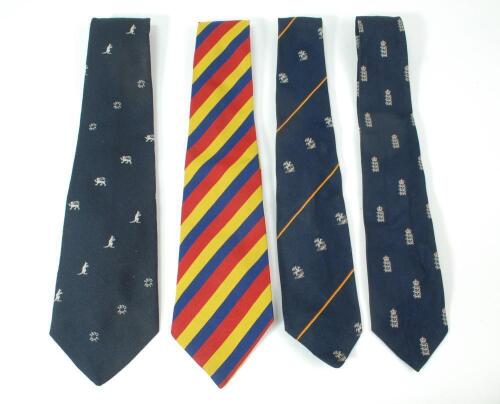 Kenneth Shuttleworth. Lancashire, Leicestershire & England 1964-1980. Selection of four ties worn by Shuttleworth whilst playing for England. England navy blue home Test tie (Simpson) with running emblems of the three lions and crown, M.C.C. touring tie, 