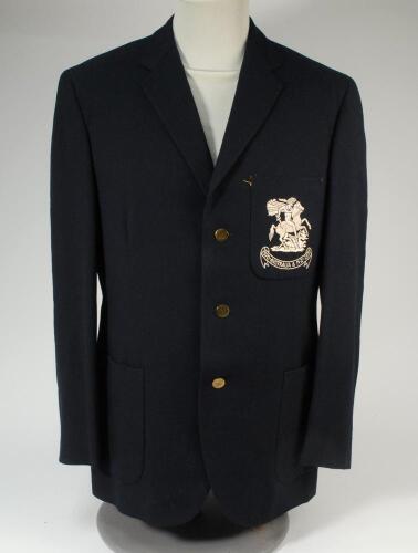 Kenneth Shuttleworth. Lancashire, Leicestershire & England 1964-1980. M.C.C. navy blue touring blazer with embroidered M.C.C. emblem in silver of St George & Dragon of England and below in scroll ‘Australia & New Zealand 1970-1971’ to breast pocket worn b