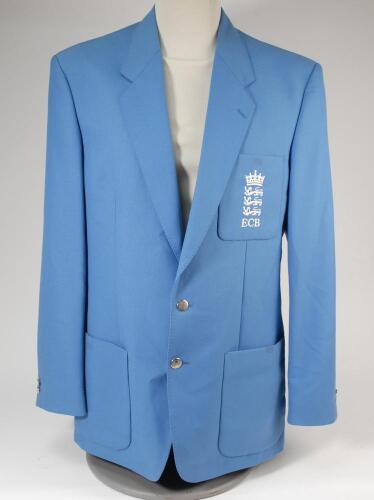 Kenneth Shuttleworth. Lancashire, Leicestershire & England 1964-1980. E.C.B. blazer worn by Shuttleworth whilst officiating as an umpire in first class matches. The light blue blazer, by James Barry, with E.C.B. emblem of the three lions and coronet to ch