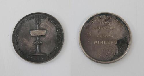 Kenneth Shuttleworth. Lancashire, Leicestershire & England 1964-1980. Gillette Cup ‘Winners’ 1970. Silver metal medal presented to Shuttleworth as a member of the Lancashire winning team at Lord’s. The medal, by Garrard, with details and an image of the t