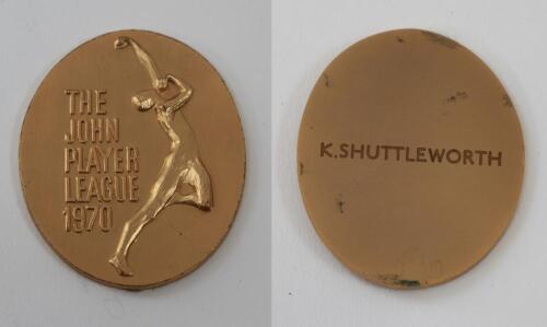 Kenneth Shuttleworth. Lancashire, Leicestershire & England 1964-1980. John Player League ‘Winners’ 1970. Bronze metal medal presented to Shuttleworth as a member of the Lancashire winning team. The medal with image of a bowler and title ‘John Player Leagu