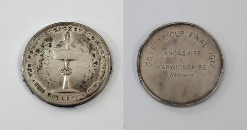 Kenneth Shuttleworth. Lancashire, Leicestershire & England 1964-1980. Gillette Cup ‘Winners’ 1971. Silver metal medal presented to Shuttleworth as a member of the Lancashire winning team at Lord’s. The medal, by Garrard, with details and an image of the t