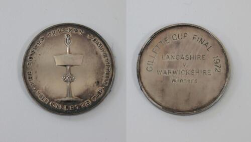 Kenneth Shuttleworth. Lancashire, Leicestershire & England 1964-1980. Gillette Cup ‘Winners’ 1972. Silver metal medal presented to Shuttleworth as a member of the Lancashire winning team at Lord’s. The medal, by Garrard, with details and an image of the t