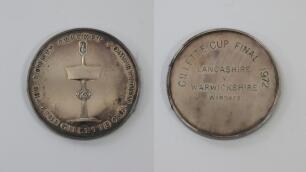 Kenneth Shuttleworth. Lancashire, Leicestershire & England 1964-1980. Gillette Cup &lsquo;Winners&rsquo; 1972. Silver metal medal presented to Shuttleworth as a member of the Lancashire winning team at Lord&rsquo;s. The medal, by Garrard, with details and an image of the t