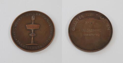 Kenneth Shuttleworth. Lancashire, Leicestershire & England 1964-1980. Gillette Cup ‘Runners Up’ 1974. Bronze metal medal presented to Shuttleworth as a member of the Lancashire team at Lord’s. The medal, by Garrard, with details and an image of the trophy