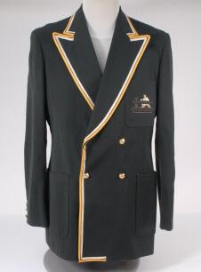 Raymond Eric East. Essex 1965-1984. Green Derrick Robins XI double-breasted blazer, by Burton, worn on the tour of South Africa 1973. The blazer with wired and embroidered Robins XI emblem, title and date to breast pocket. Trimming to pockets, sleeves and