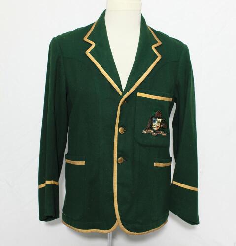 William Albert Stanley Oldfield, New South Wales & Australia 1919-1938. Australian Test blazer worn by Oldfield on the Australian 1930 tour of England. The green blazer, by Harding’s Mercury of Sydney, with gold trimming to blazer edging, pocket and sleev