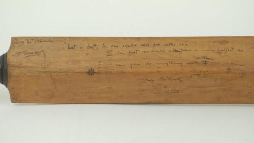 George Geary. Leicestershire & England 1912-1938. ‘What a Bat’. A Gunn & Moore ‘Autograph’ cricket bat used by Geary during his playing career, the vendor suggests around 1925 in his notes. The bat was presented to William Sherwin, bat maker of Nottingham