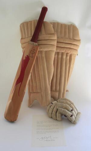 Geoff Boycott. Yorkshire & England 1962-1986. A Slazenger cricket bat, pads and batting gloves all made to his specification and used by Boycott in his illustrious cricket career playing for Yorkshire and England. The equipment is sold with a letter of pr