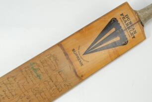 England Test cricketers. Duncan Fearnley ‘Supreme’ cricket bat signed to the face of the bat by over sixty, mainly post war, Test players in two vertical rows. Signatures include F.R. Brown, May, Bowes, Paynter, Akin, Washbrook, Wardle, Hardstaff, Laker, 