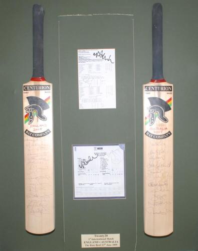 England v Australia 2005. First International T20 Match in England. Two Centurion Bat Company full size bats. One nicely signed in ink to the face by fourteen members of the England team, the other by eleven of the Australian team. Signatures include Vaug