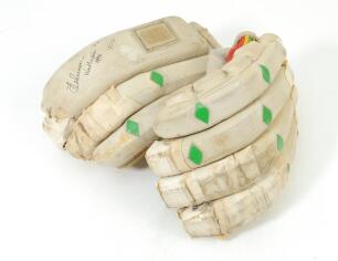 Jack Russell. Gloucestershire & England 1981-2004. Pair of Kookaburra batting gloves worn by Russell whilst playing for England in the Test series v West Indies in 1994. The left hand glove signed by Russell with West Indies 1994 below. Sold with a note o