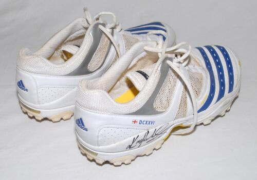 Kevin Pietersen. Nottinghamshire, Surrey and England 2001-2016. A pair of match worn personalised Adidas ‘22YDS’ cricket boots/shoes made expressly for Pietersen. The white boots with three blue stripes across the front of the foot, his England number 626