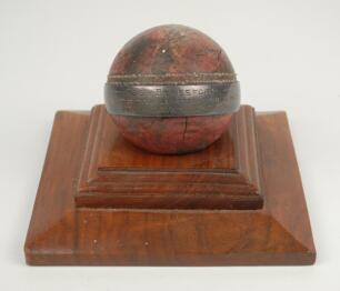 ‘The Gentlemen of Leicestershire v M.C.C. 1934. Presentation cricket ball with silver band encircling it with the engraved inscription ‘Hugh Beresford. The Gentlemen of Leicestershire v M.C.C. 9 wickets for 57 runs, August 15th 1934’. Presented on a squar