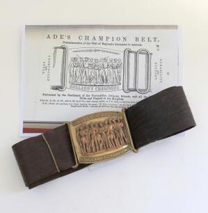 England’s Champions’. Early and complete leather belt with excellent brass belt buckle inscribed ‘England’s Champions’ c1860. With portrait of the grouped cricketers, the England 1859 touring team to North America surmounted by two sprays of laurel, in ra