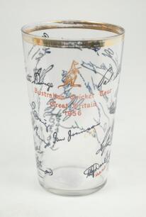 Australia 1956. Rare commemorative glass one pint glass produced to commemorate the Australian tour of England in 1956. With ‘Australian Cricket Tour Great Britain 1956’ in red below a Kangaroo in brown, gold lustre to rim. In blue around the glass are th