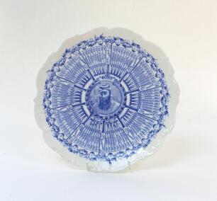 William Gilbert Grace. Original Coalport porcelain plate commemorating W.G. Grace’s Century Of Centuries 1895, decorated in blue with central portrait of Grace and dates of each individual century and who scored against radiating out from the centre with 