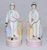 Cricket figures. A pair of early continental bisque cricketing figures c1880’s, one of an early bowler wearing a white cap, white with blue spotted shirt, white trousers, colourful sash, standing with a blue blazer to one side and wickets and bat to the o