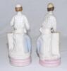 Cricket figures. A pair of early continental bisque cricketing figures c1880’s, one of an early bowler wearing a white cap, white with blue spotted shirt, white trousers, colourful sash, standing with a blue blazer to one side and wickets and bat to the o - 2