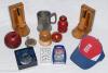 Cricket ceramics and metalware. A good selection including an attractive pair of wooden bookends, various cricket novelties and merchandise, signed cricket caps, Northamptonshire C.C.C. paperweight, a carved wooden cricket ball and stand signed by Richard