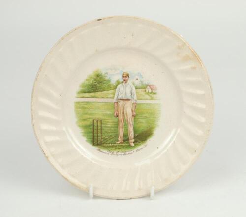 Sydney Francis Barnes, Warwickshire, Lancashire, Staffordshire, England & Wales 1894-1930. A pair of commemorative side plates with colour transfer printed vignette of Barnes wearing cap, stood at the wicket with ball in his hand and in bowling pose next 