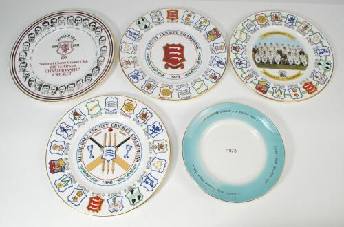 Cricket plates. Selection, two limited edition plates ‘Gloucestershire Cricket: A Golden Year’ 1973, ‘Centenary Test’ plate 1980, ‘Centenary of The Ashes’ plate 1982 (both Coalport), ‘County Championship winnings plates for Essex 1979, Middlesex 1980 and 