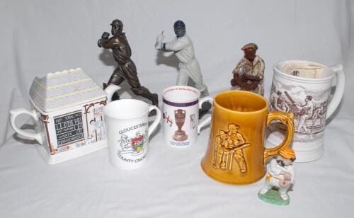 Cricket souvenirs, ceramics etc. Two boxes comprising a mixed selection of commemorative plates, modern cricket figures, souvenirs, tea pot, cricket mugs etc. Includes commemorative County Championship plates for 1974 Worcestershire, 1975 Leicestershire,