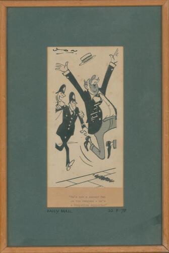 ‘He’s not a soccer fan on the rampage- he’s a Hampshire Supporter’. Amusing original pen and ink cartoon artwork depicting an ecstatic Hampshire fan jumping for joy, Hampshire having won the County Championship, with boater flying into the air with two po