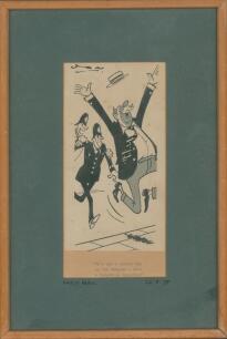 ‘He’s not a soccer fan on the rampage- he’s a Hampshire Supporter’. Amusing original pen and ink cartoon artwork depicting an ecstatic Hampshire fan jumping for joy, Hampshire having won the County Championship, with boater flying into the air with two po