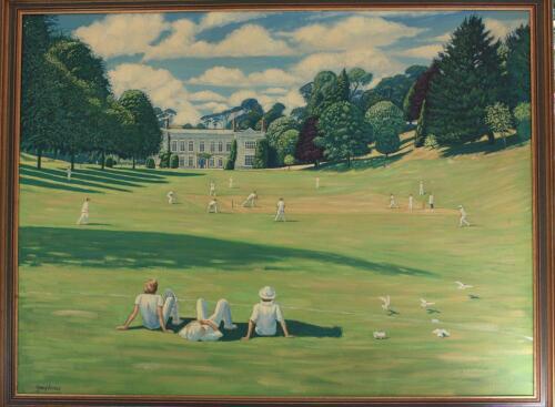 ‘Cockington Court, Manor House, Devon’. Extremely large colourful and impressive original oil painting on canvas by artist Gerry Wright, comprising a wide panoramic full study looking up to Cockington Manor with a cricket match in progress to centre with 