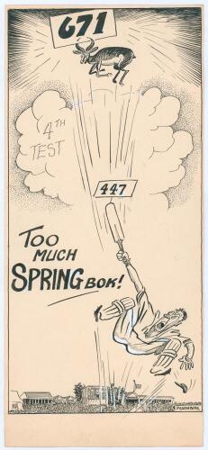 Furnival. ‘Too Much Spring Bok!’ England v South Africa, 4th Test, Headingley 1955. Original pen and ink cartoon by the artist Furnival depicting a batsman leaping in the air, bat held aloft with England’s aggregate score of ‘447’, and a Springbok floatin