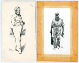 Royman Browne. Cricket artist and illustrator. Three original pen and ink cartoons by Browne of famous players. One of Alfred Mynn ‘after W. Bromley’, 4.75”x8.5”. Another depicts W.G. Grace full length carrying his bat, 5.5”x8.5”. The third is of ‘F.W. Li