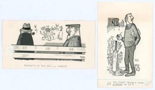 Royman Browne. Cricket artist and illustrator. Four original humorous pen and ink cartoons by Browne. Subjects are players in the background hugging while celebrating taking a wicket, two spectators in the foreground with the typed caption &lsquo;Soccer&rsquo;s in th