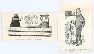 Royman Browne. Cricket artist and illustrator. Four original humorous pen and ink cartoons by Browne. Subjects are players in the background hugging while celebrating taking a wicket, two spectators in the foreground with the typed caption ‘Soccer’s in th