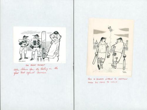 Royman Browne. Cricket artist and illustrator. Three original humorous pen and ink cartoons by Browne. Each laid to white page with handwritten caption in red ink below. Subjects are &lsquo;The Great Moment. When China open the batting in the first Test against