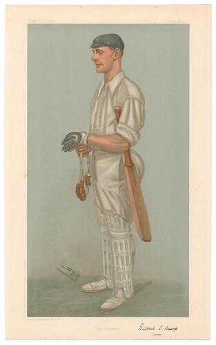 Gilbert Laird Jessop, Gloucestershire & England 1894-1914. Signed Vanity Fair colour chromolithograph of Jessop. &lsquo;The Croucher&rsquo;. July 25th 1901 by SPY. Very nicely signed by Jessop in black ink to lower right border. Good condition. Rare in this signed fo