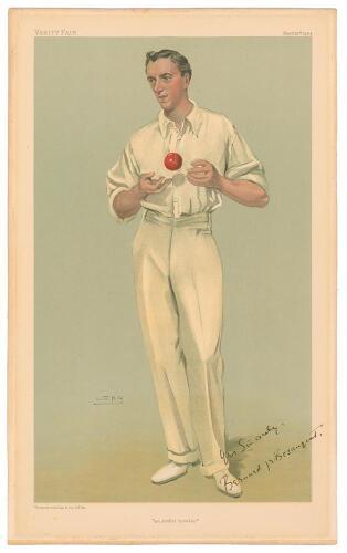 Bernard James Tindal Bosanquet. Oxford University, Middlesex & England 1898-1919. Signed Vanity Fair colour chromolithograph of Bosanquet. ‘An Artful Bowler’. September 15th 1904 by SPY. Very nicely signed by Bosanquet in black ink to lower right hand cor