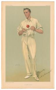 Bernard James Tindal Bosanquet. Oxford University, Middlesex & England 1898-1919. Signed Vanity Fair colour chromolithograph of Bosanquet. ‘An Artful Bowler’. September 15th 1904 by SPY. Very nicely signed by Bosanquet in black ink to lower right hand cor