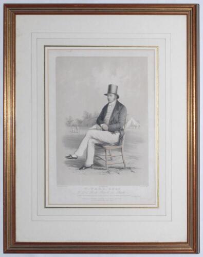 ‘W. Ward Esq. To Lord Charles Russell, this sketch is most respectfully dedicated by his Lordships most obedient servant. W.H.Mason’. Hand coloured tinted lithograph of William Ward in formal attire posing on a chair on a cricket pitch with players, spect